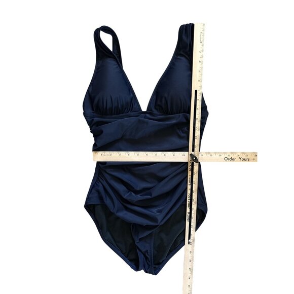 J Crew One Piece Swimsuit Womens Size 10 Navy Blue Ruched Tank Bathing Plunge - Picture 5 of 5
